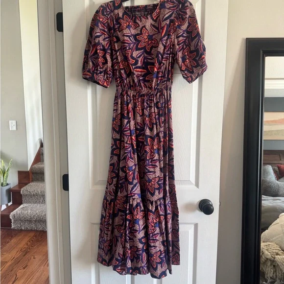 NWT Evereve Noelle Open Back Printed Midi Dress with Sleeves - Picture 3 of 5